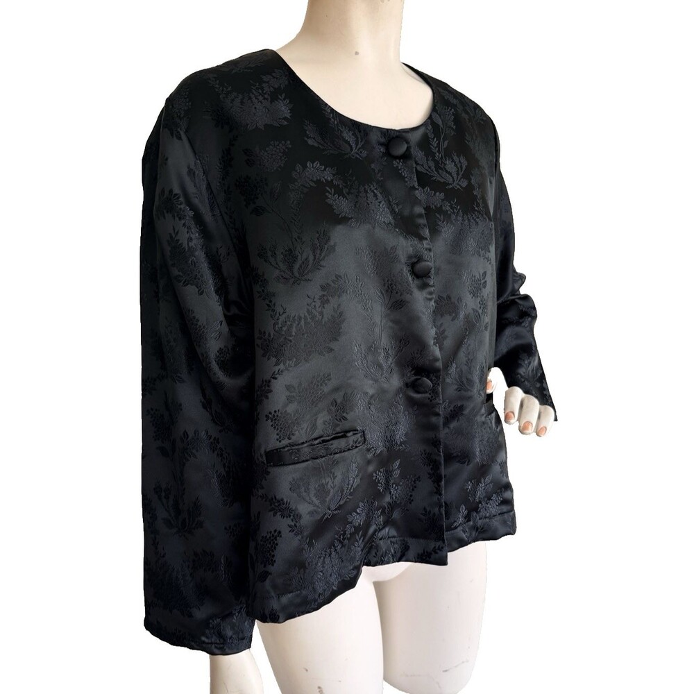 APRIL CORNELL Vintage Jacket Black Satin Asian Art to Wear Lagenlook Size L